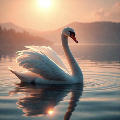 The primary subject of the image is a white swan floating on a body of water. The swan is the main focus of the image, and it appears to be enjoying its time in the water. The setting is a serene lake, with mountains visible in the background. The visual style of the image is a photo, capturing the beauty of the swan and its surroundings. The colors in the image are predominantly shades of blue and white, creating a calm and peaceful atmosphere.